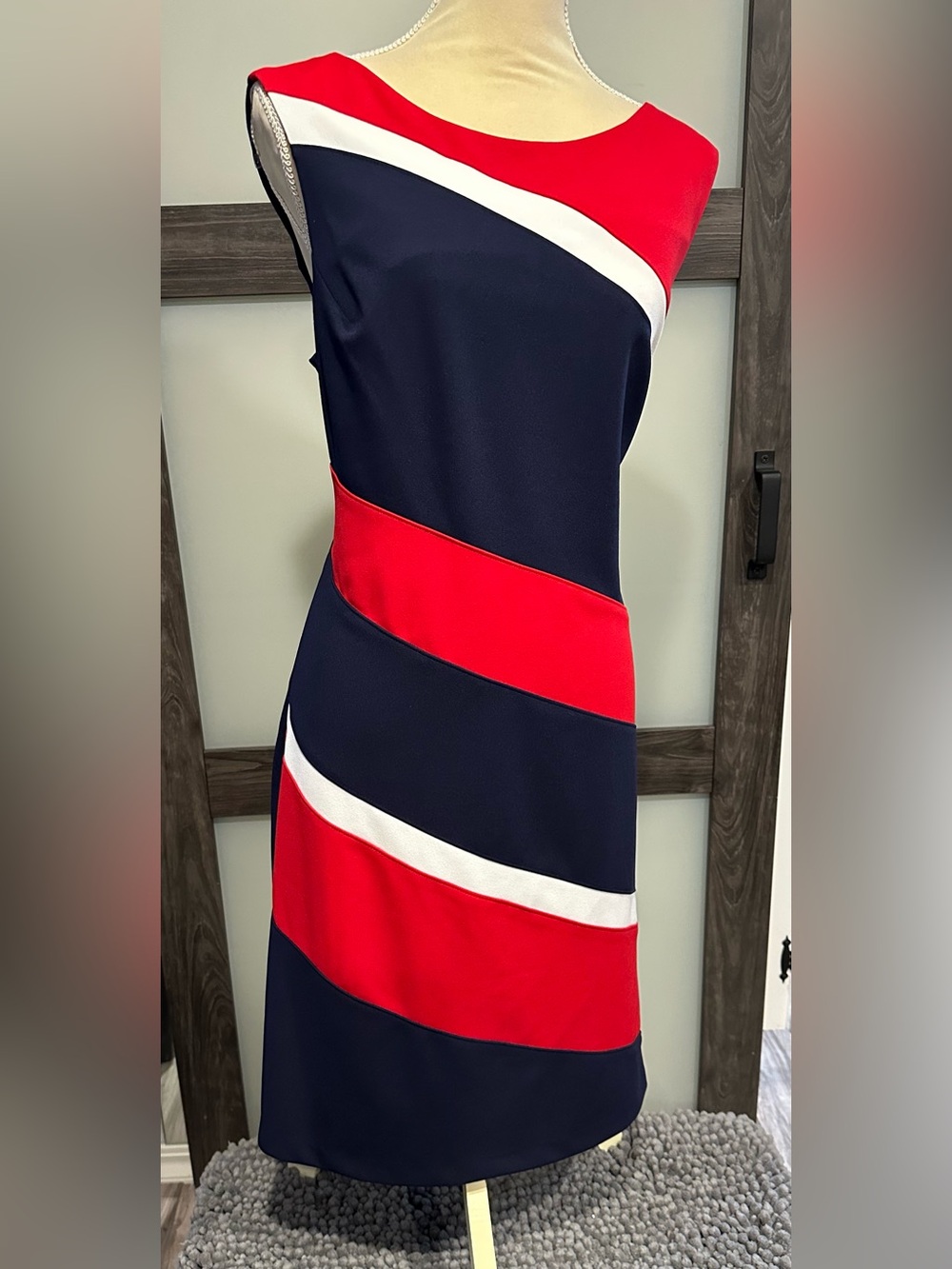Connected Apparel Women's Blue Red White Colorblocked Sheath Dress 16 Interview